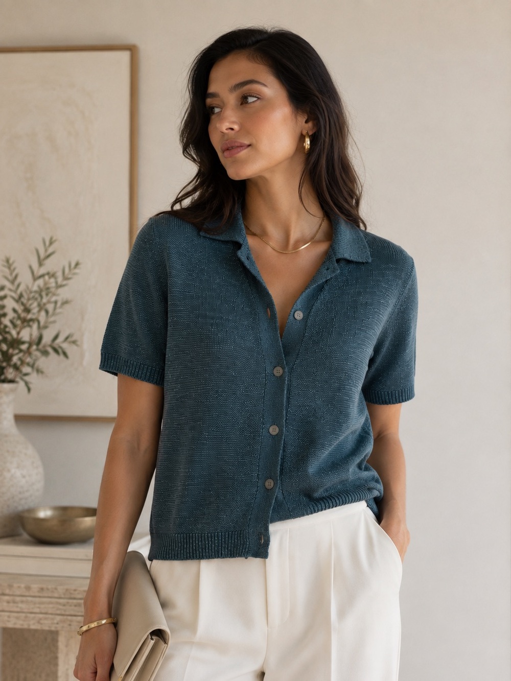 NWT Jason Wu Short Sleeve Knit Cardigan Shirt Teal Blue size M